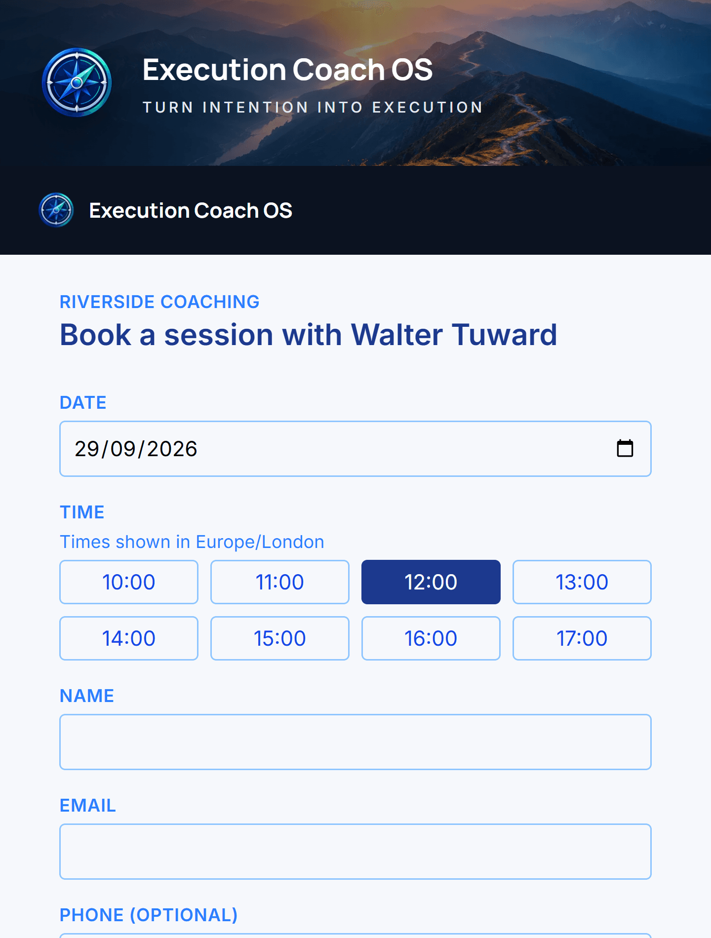 The public booking page a client sees when scheduling a session