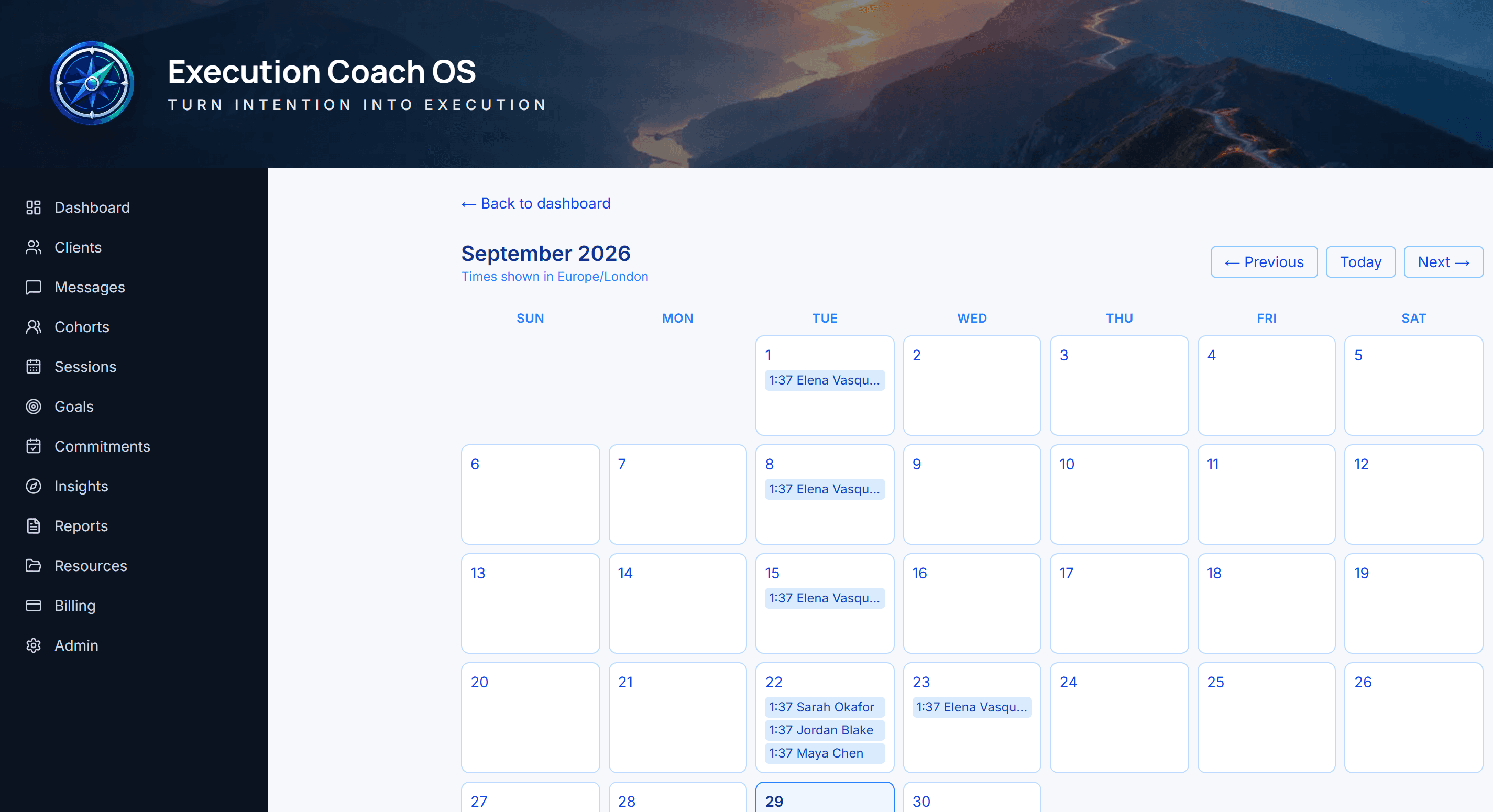 The coach's full monthly calendar view showing scheduled sessions